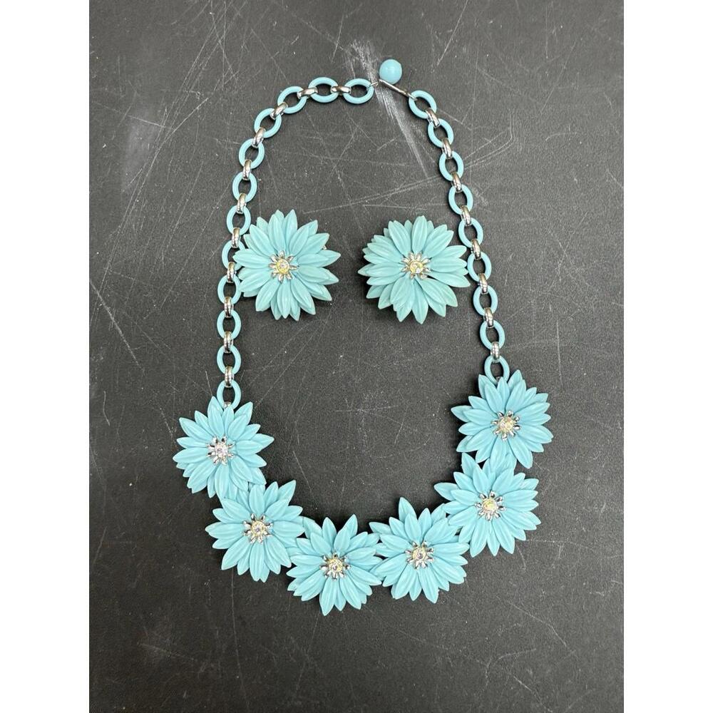 VTG Coro Daisy Plastic Turquoise Aqua Blue AB Rhinestone Necklace Earring 1950s